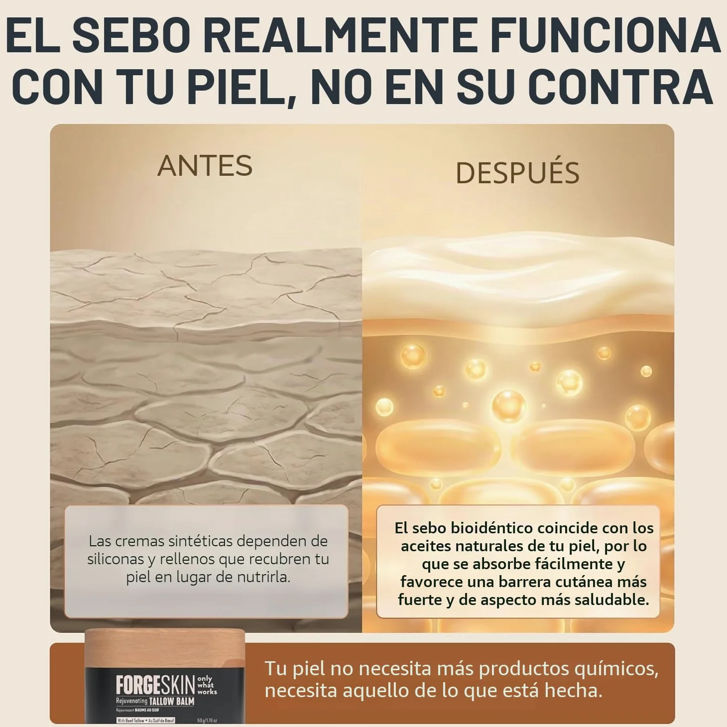 FORGE SKIN Wrinkle Defense - Bálsamo de sebo de res para hombres, hidratante facial, crema antienvejecimiento para la piel, loción natural para el cuidado facial con aceites esenciales, 50 ml