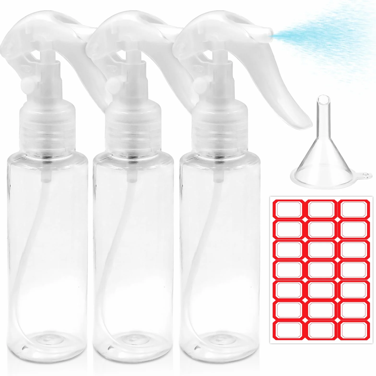 Botellas pulverizadoras 100 ml reutilizables con etiquetas de embudo para viajes limpieza cosmética