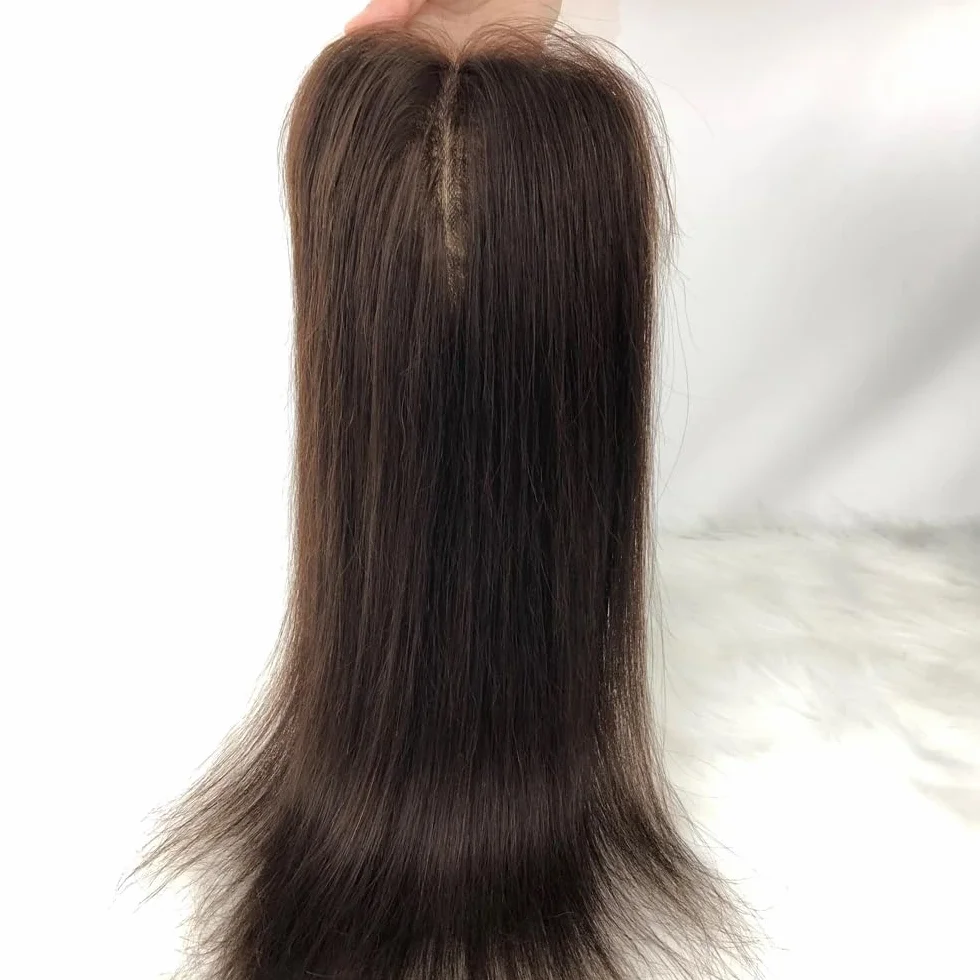 Postizos de cabello humano for mujer, base de encaje suizo de 5 x 5 pulgadas, densidad media, cobertura total, fijación con clips for Thinning Hair(Dark Brown,22inch)
