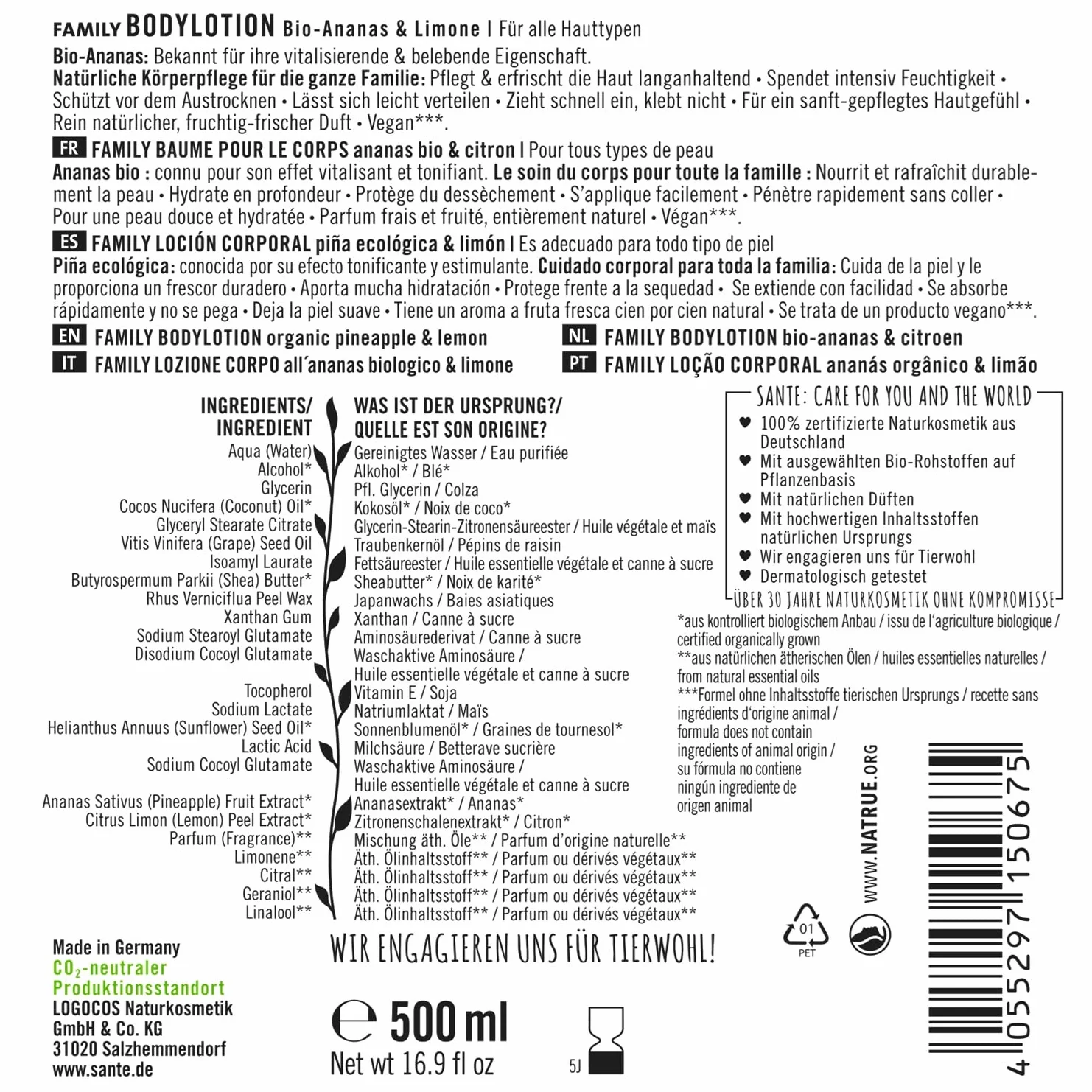 Loción corporal piña y limón Sante 500 ml