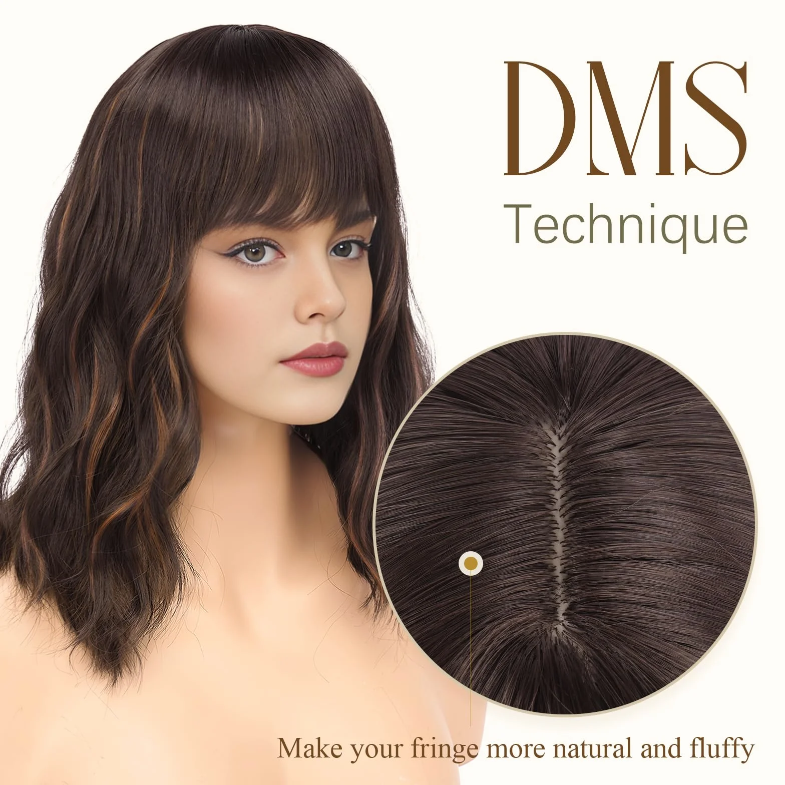 FESHFEN Peluca Bob Rizada Castaño Oscuro Ondulado con Flequillo 35 cm para Mujer