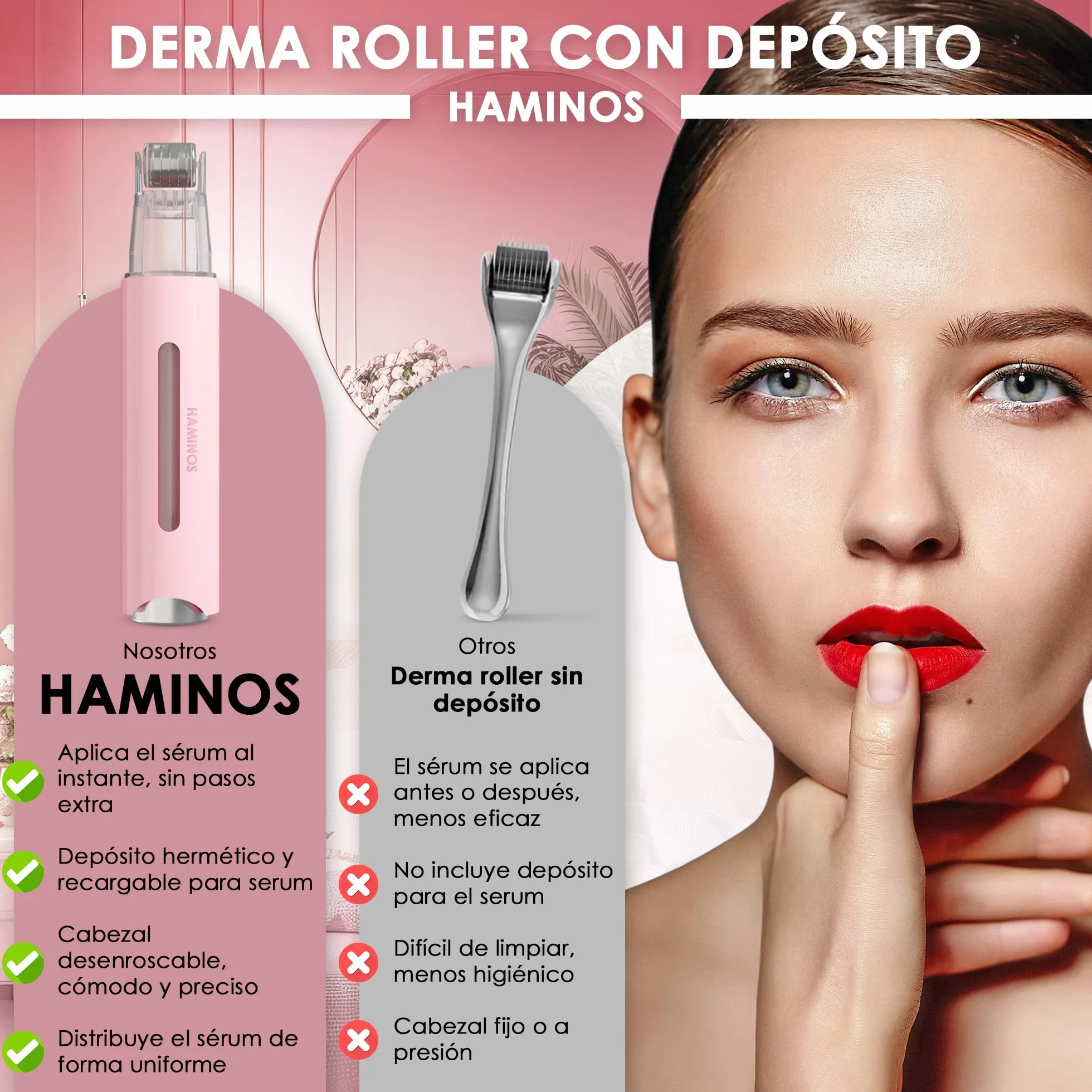 HAMINOS Derma Roller 0,25 mm 2.0 con Depósito para Labios, Piel, Cabello, 105 Agujas de Titanio