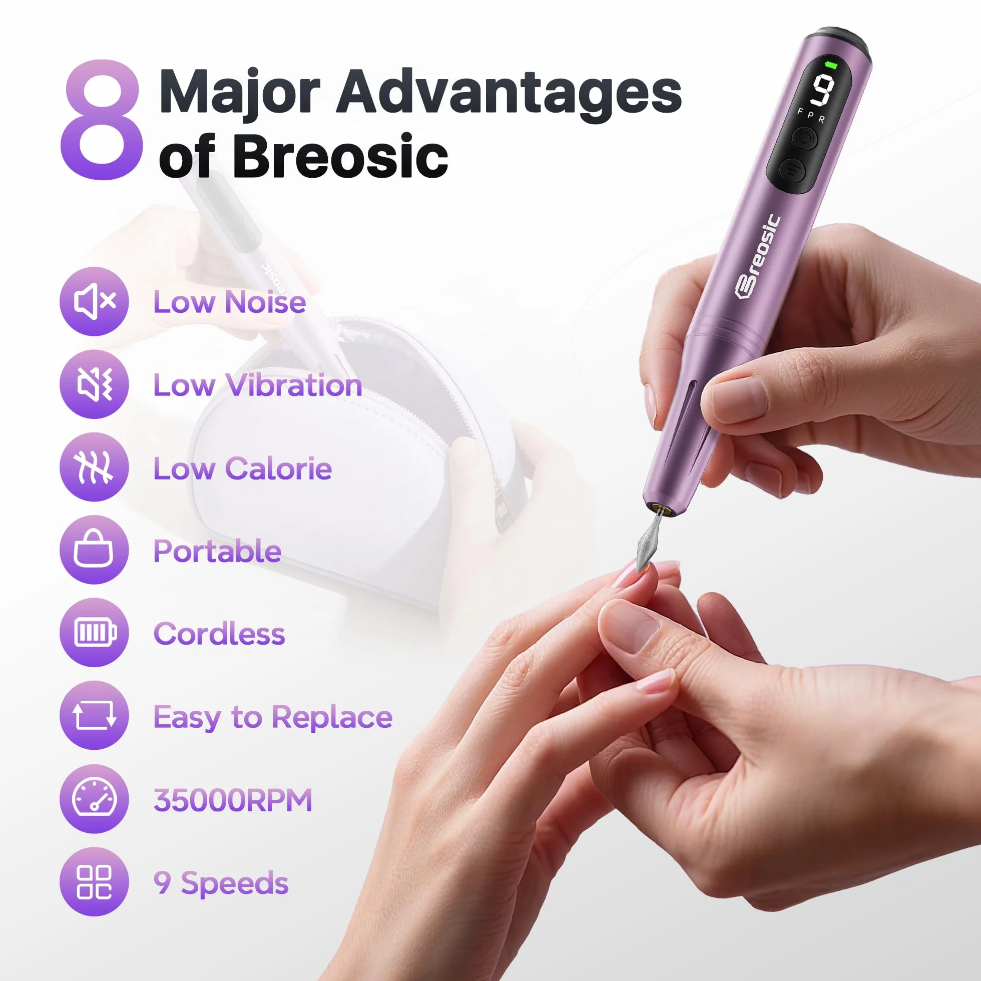 Torno para Uñas Profesional 35000 RPM 12 en 1 Nail Drill USB-C 9 Velocidades Manicura Pedicura