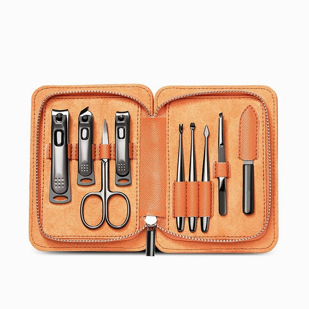 AMONG Kit de Manicura Herramientas del Clavo de Acero Inoxidable Clippers Sistema del Cuidado Personal exfoliantes 9 Pieza Hombre y Mujer Naranja Kit de Cortauñas