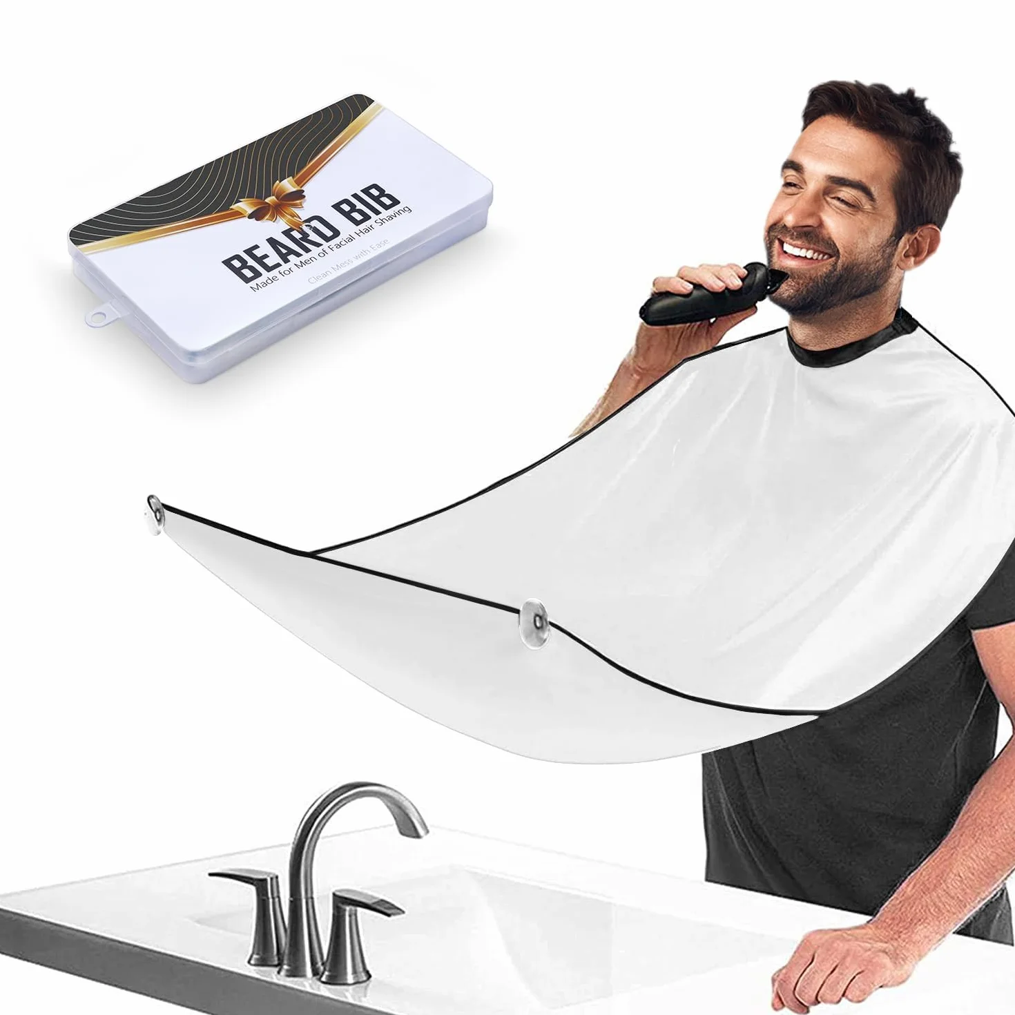 Delantal Barba Hombre Impermeable Antiadherente Recoge Pelos Barba con 2 Ventosas Blanco