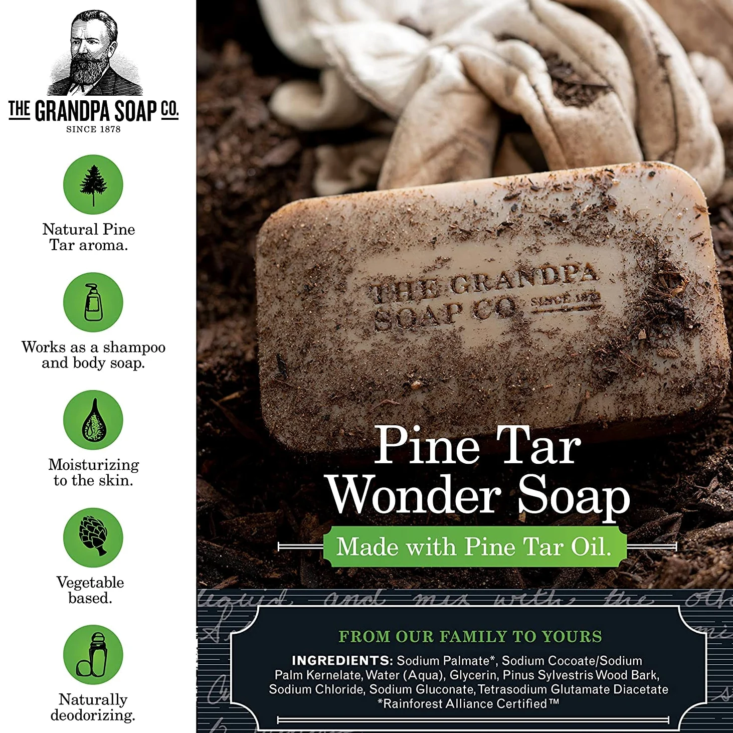 Grandpa's Pine Tar Soap - Jabón de brea de pino (aprox. 120 g, lote de 2)(aprox. 240 ml)