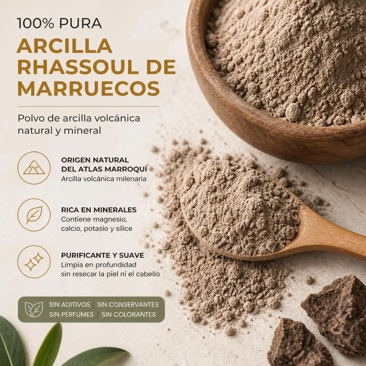 Arcilla Rhassoul Ghassoul de Marruecos 100% Pura – Polvo de Arcilla Volcánica Natural para Rostro, Cabello y Cuerpo – 100 g