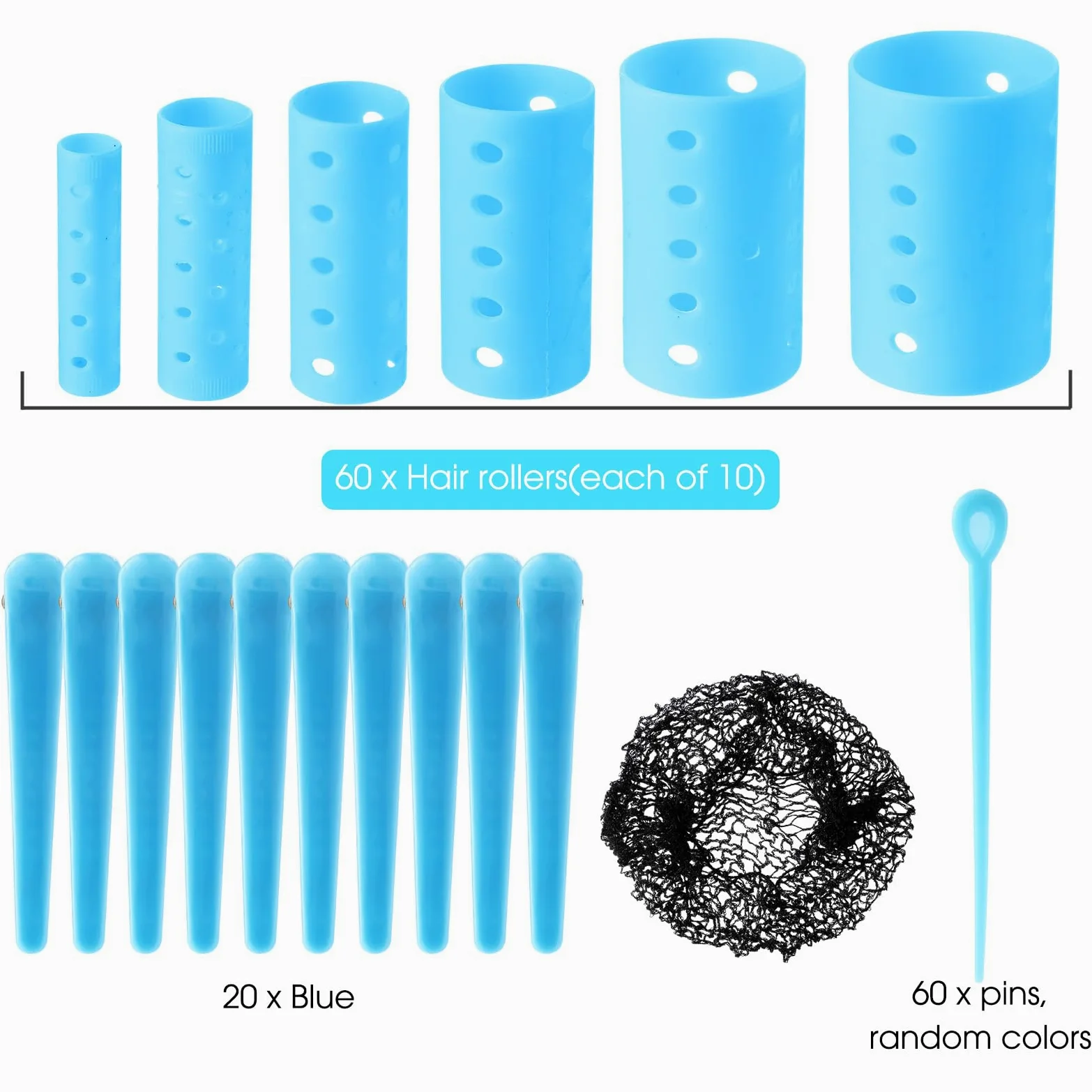 WILLBOND El juego de 141 rodillos para el cabello incluye 60 rodillos de plástico para el pelo (azul, 6 tamaños)