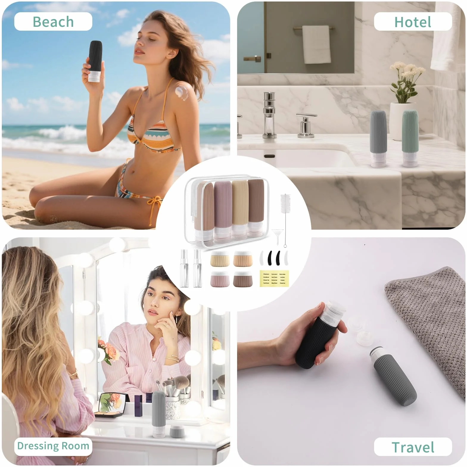 Kit Viaje Higiene Reutilizables 18 Piezas Botes Rellenables con Etiqueta para Cosméticos
