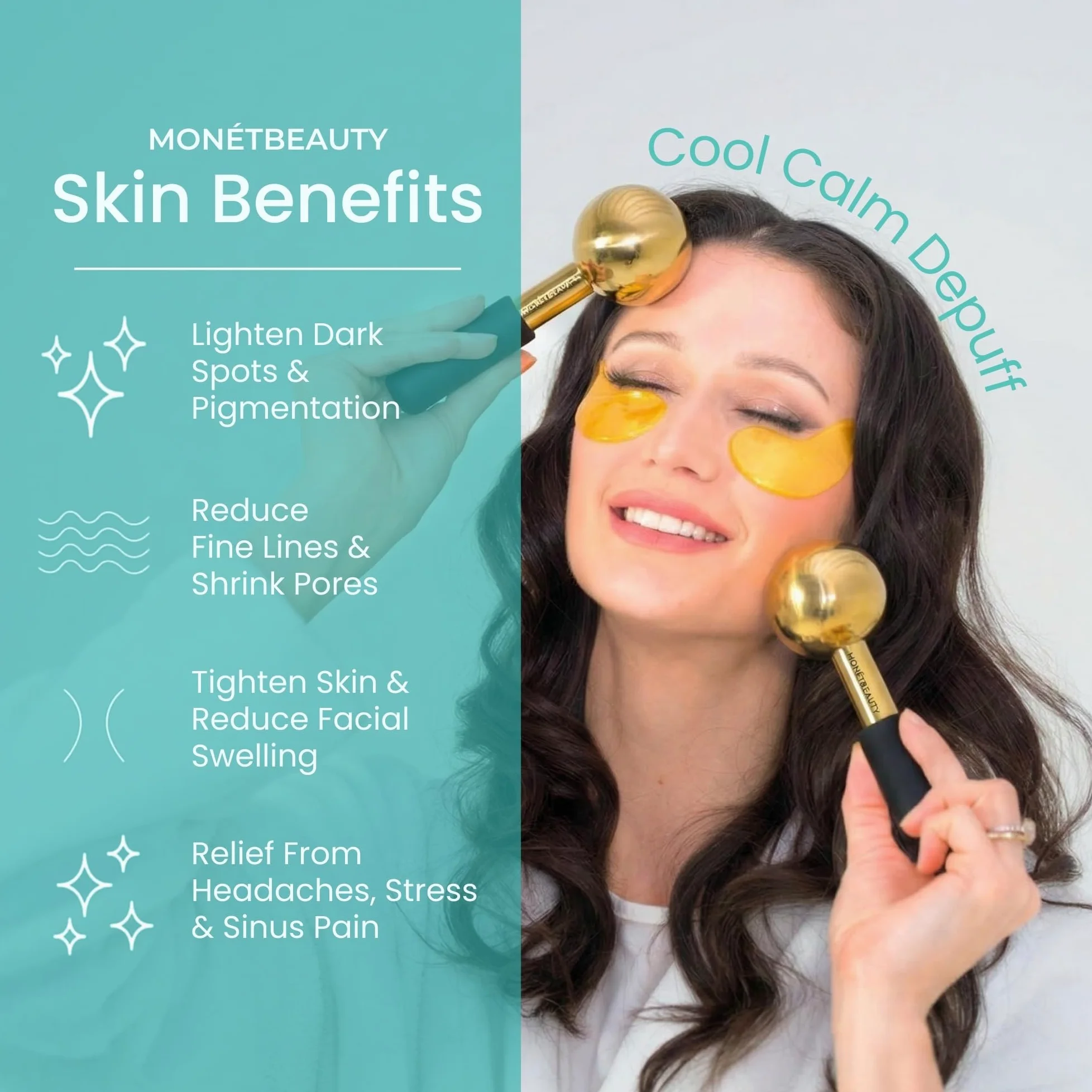 MonétBeauty Globos de hielo de acero inoxidable para tratamientos faciales, mango negro dorado, globos criogénicos duraderos que reducen instantáneamente la hinchazón, aprietan los poros y el alivio