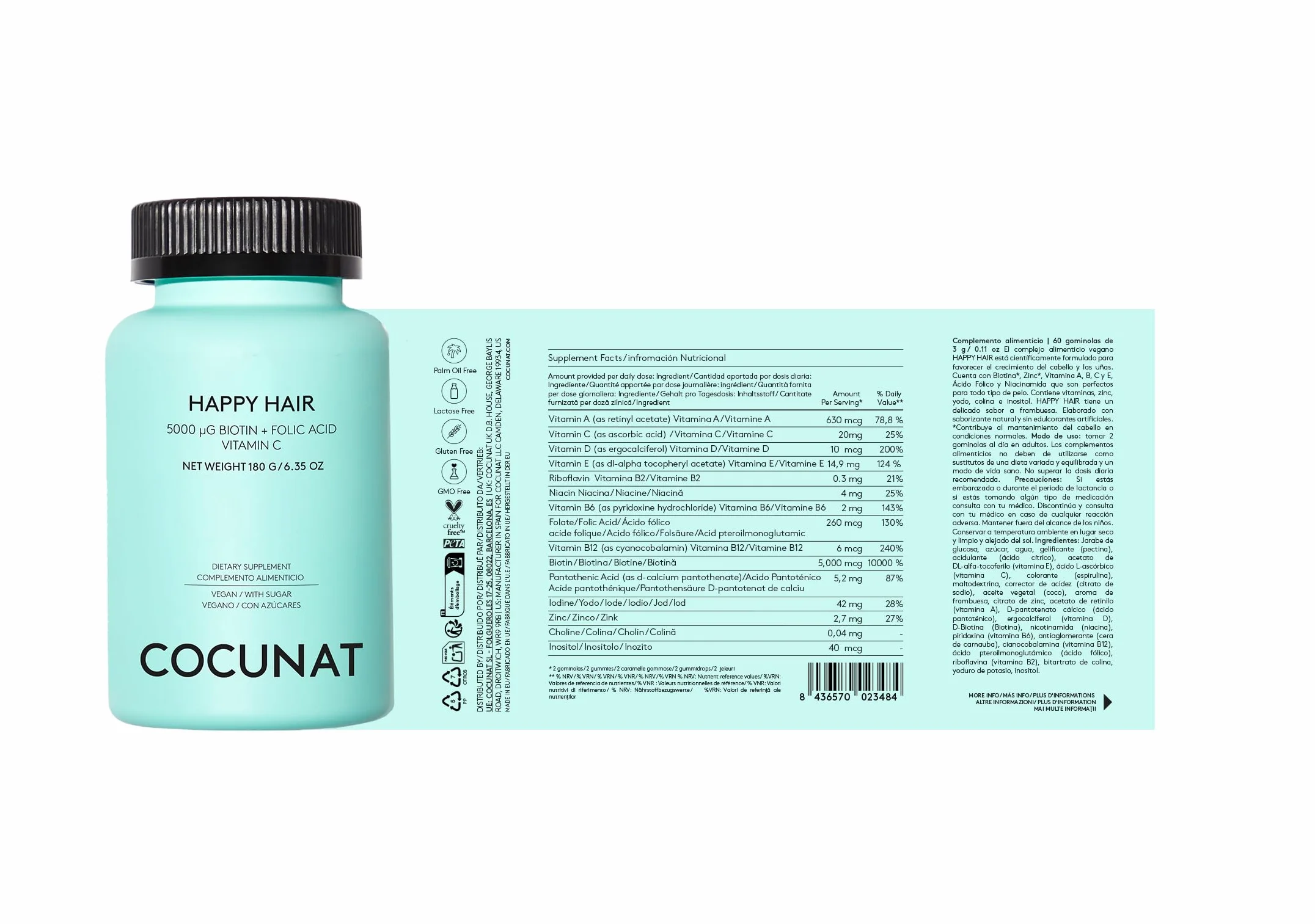 COCUNAT - Happy Hair | Vitaminas para el cabello | Previene la Caída del Cabello | Fortalece y Estimula el Crecimiento | Biotina | Resultados en 6 Semanas | 60 uds