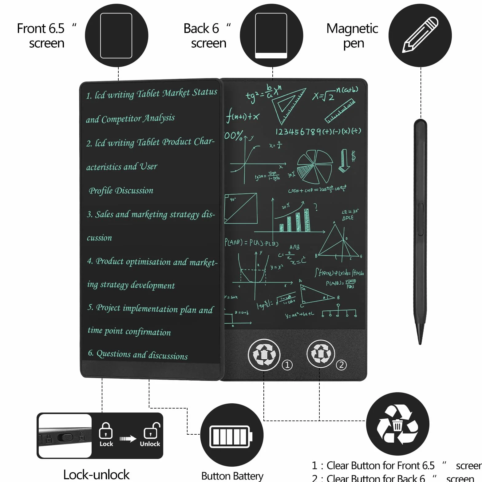 Czemo Tableta de Escritura LCD para Adultos, Mini Pizarra LCD 6,5+6,0 Pulgadas, Líneas HD 0.5 mm