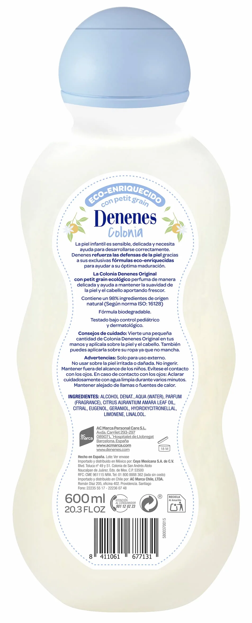 Denenes Original Colonia con Karité y Petit Grain 600 ml Perfuma Piel y Cabello 98% Ingredientes Naturales