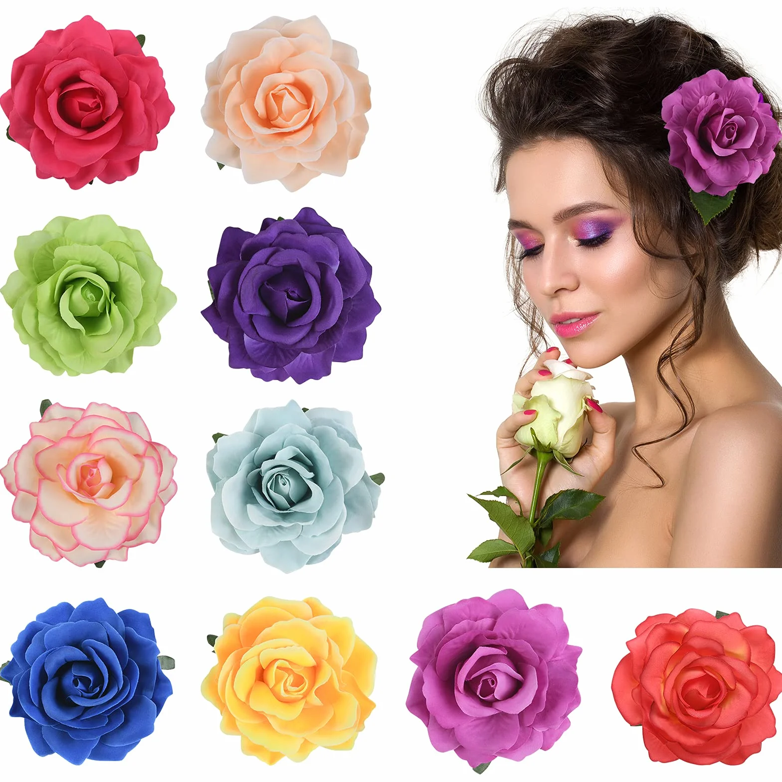 Clips de Pelo de Flor con Diseño de Rosas, Pinzas Hawaianas para Boda, 10 Colores 10 PCS