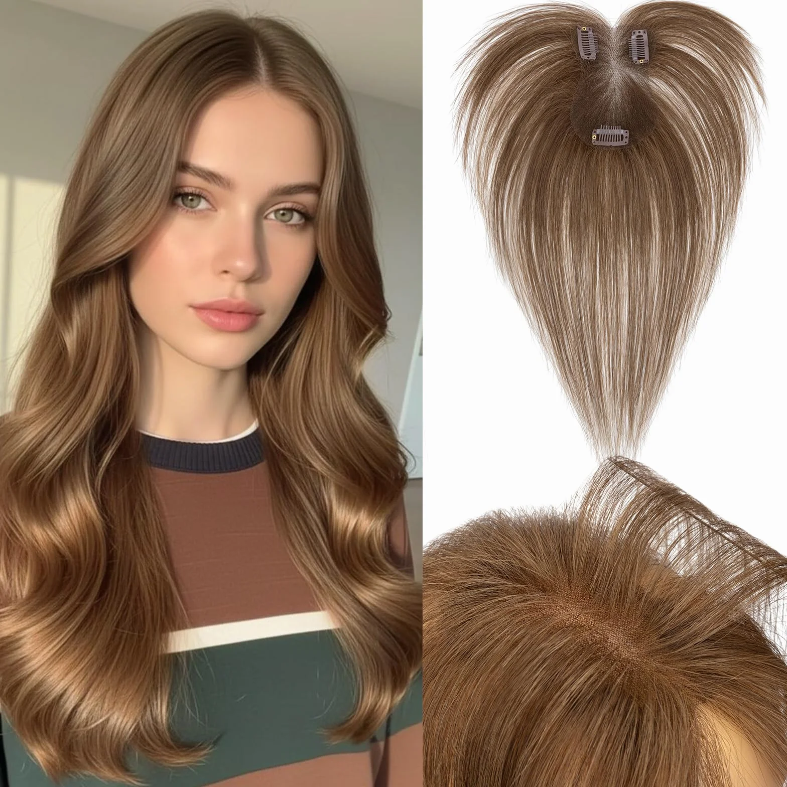 Benehair Toppers de Cabello Real con Flequillo Lateral, 14g Pelo Humano con Flequillo Lateral, Topper de Cabello Real Decuado para Pelo Fino, 7x11 CM Base de Encaje, 28CM Marrón Oscuro #4