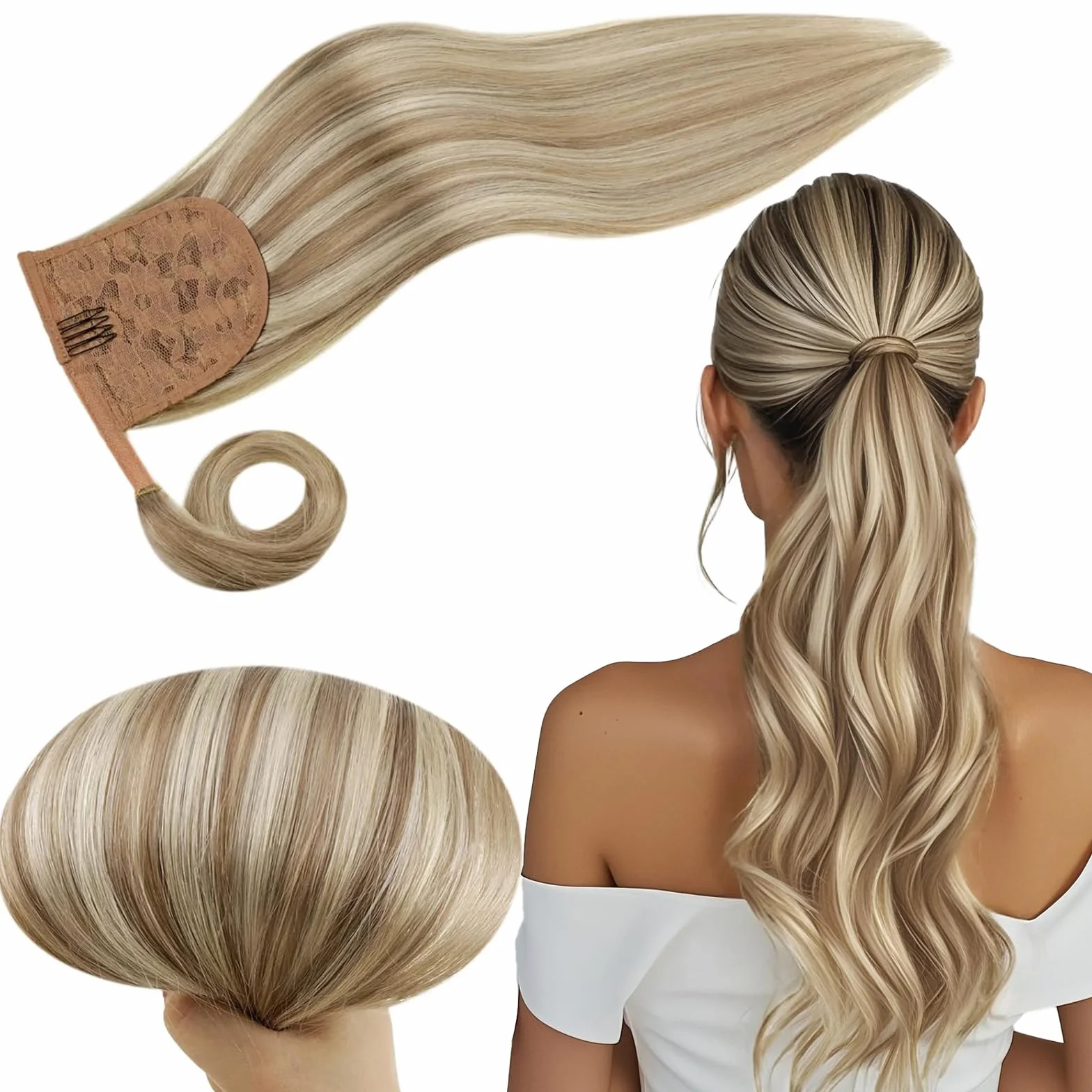 RUNATURE Extensiones Pelo Natural de Coleta Marron Claro con Rubia 30cm 70g Platino Extensiones Coleta Pelo Natural Liso #8P60