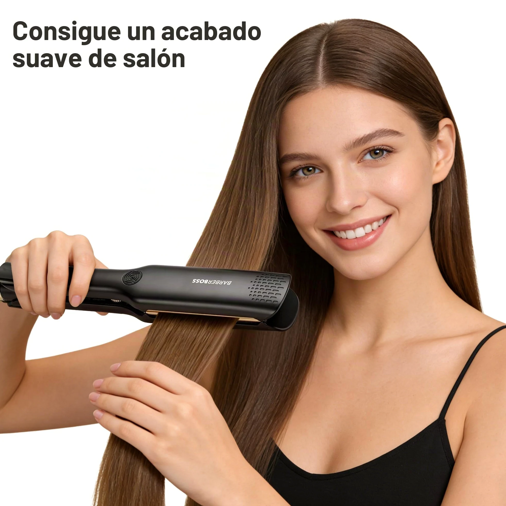 BarberBoss Alisador, placas flotantes de cerámica, tratamiento iónico y queratina para cabello liso y sin encrespamiento, plancha profesional a temperatura ajustable (QR-8422, Negro)
