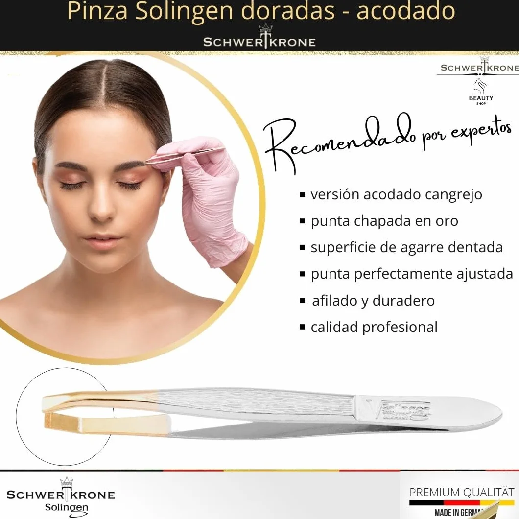 Schwertkrone Profi Solingen Pinzas para depilar cejas 8 cm curvadas chapadas en oro