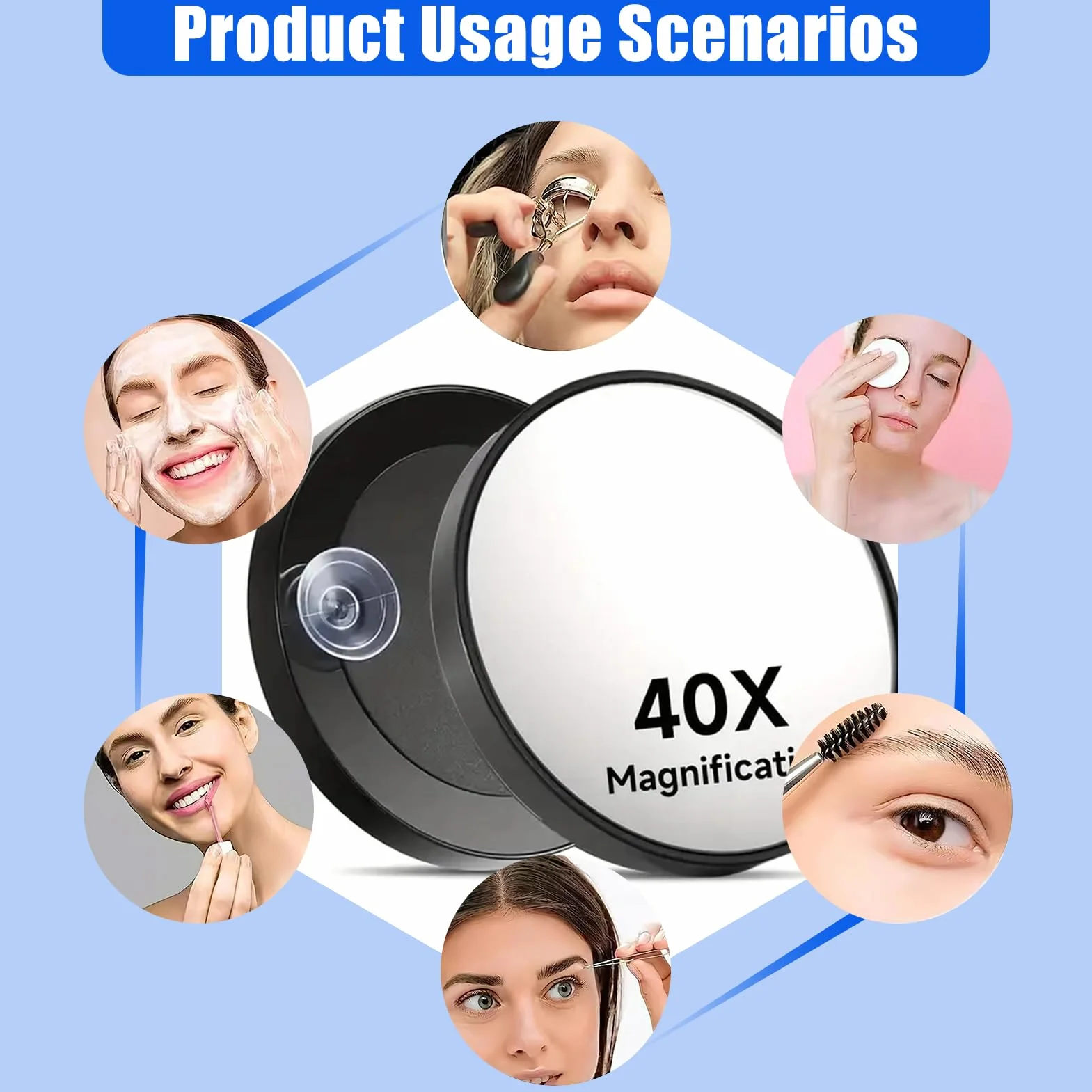 Espejo de Aumento 40X con Ventosa, Espejo de Maquillaje Compacto 3.5 Pulgadas, Pinzas de Acero Inoxidable