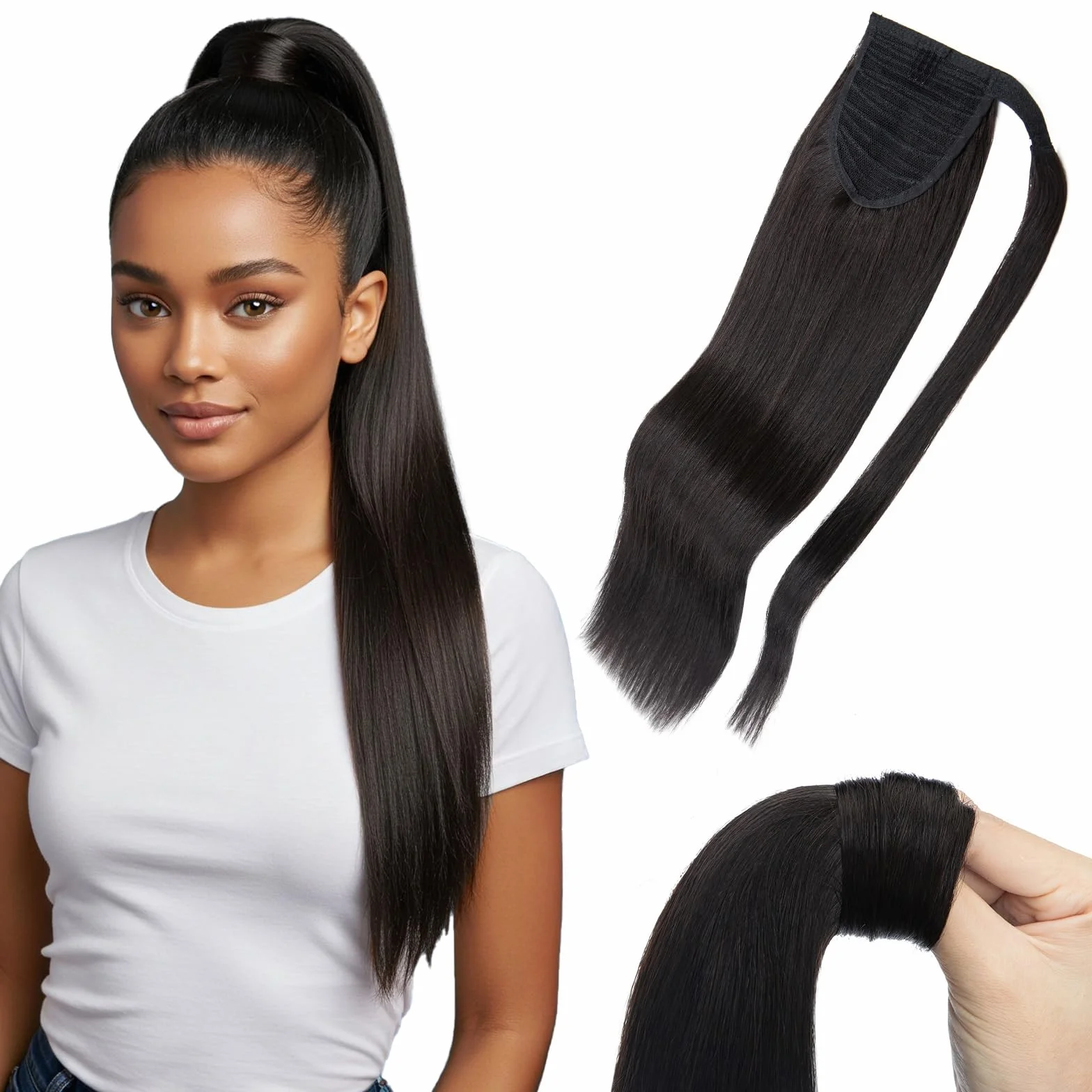 MY-LADY Coleta Postiza Pelo Natural 50cm Extensiones de Cabello Cola Humano Ponytail Liso #1B Negro Natural 95g