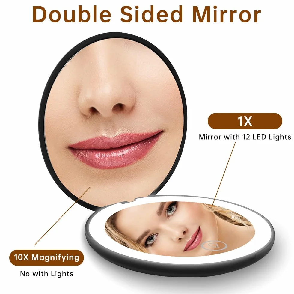 Mini Espejo de Maquillaje LED Plegable Recargable por Type-C Compacto con Aumento 1X/10X
