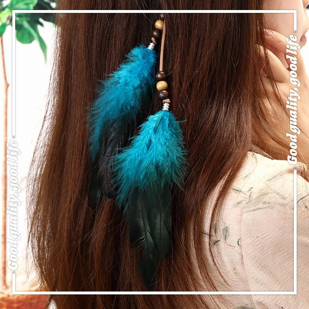 Clips de Pelo Pluma Boho con Plumas Pavo Real, Extensiones Cabello Hippie, Tocado Bohemio para Mujeres y Niñas