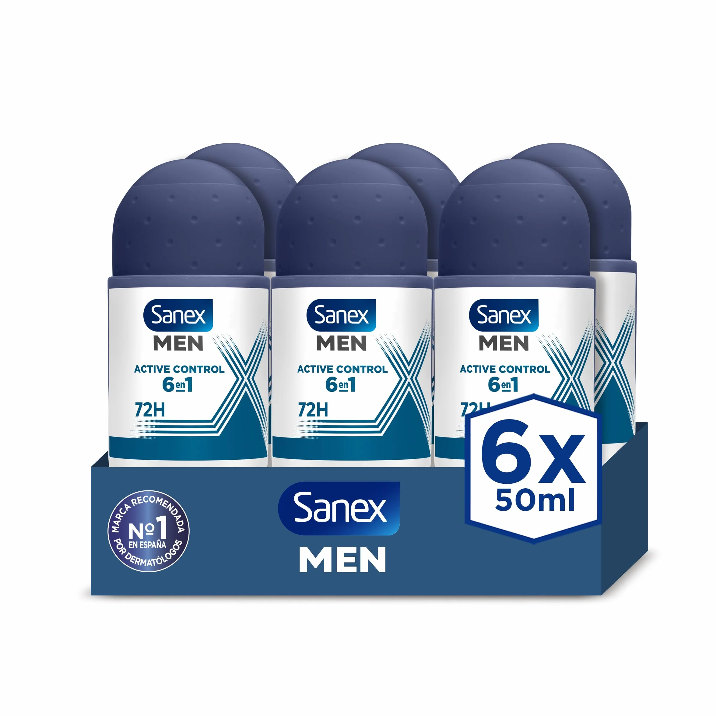 Sanex Men Active Control Desodorante Roll-On para Hombre, Pack 6 x 50 ml, Antitranspirante 48H