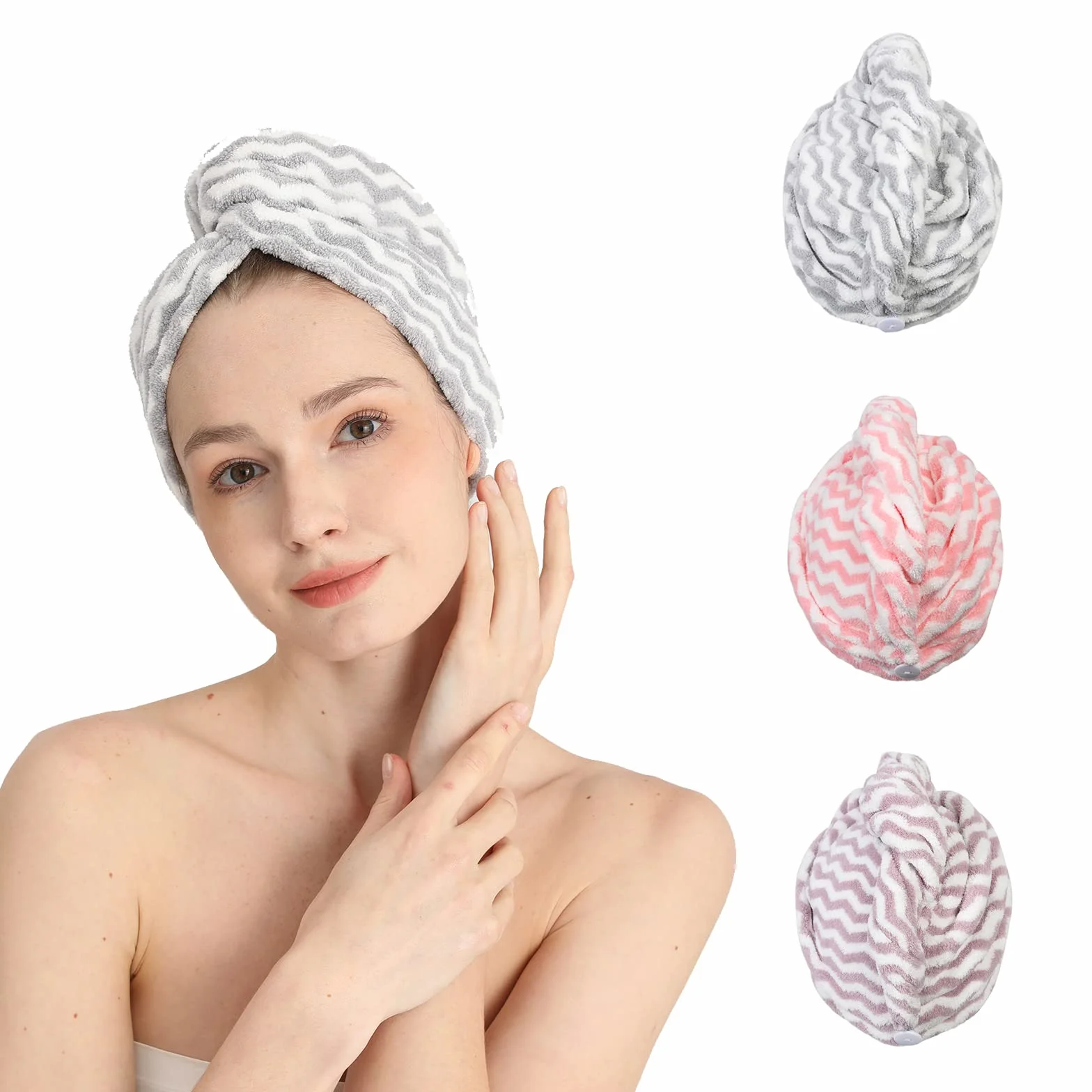 Toalla de Microfibra para Cabello Súper Absorbente 3 Piezas Turbante Rosa Morado Gris