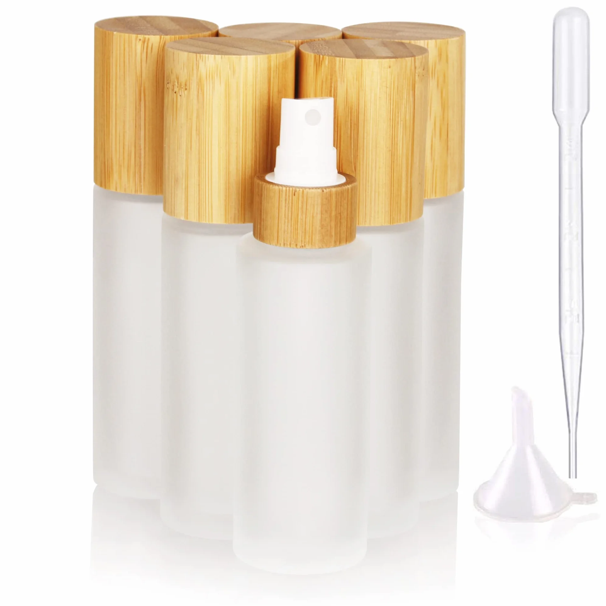 Botellas vacías de vidrio esmerilado 60 ml 2 oz con tapa de bambú y cabezal dispensador de niebla fina para perfume