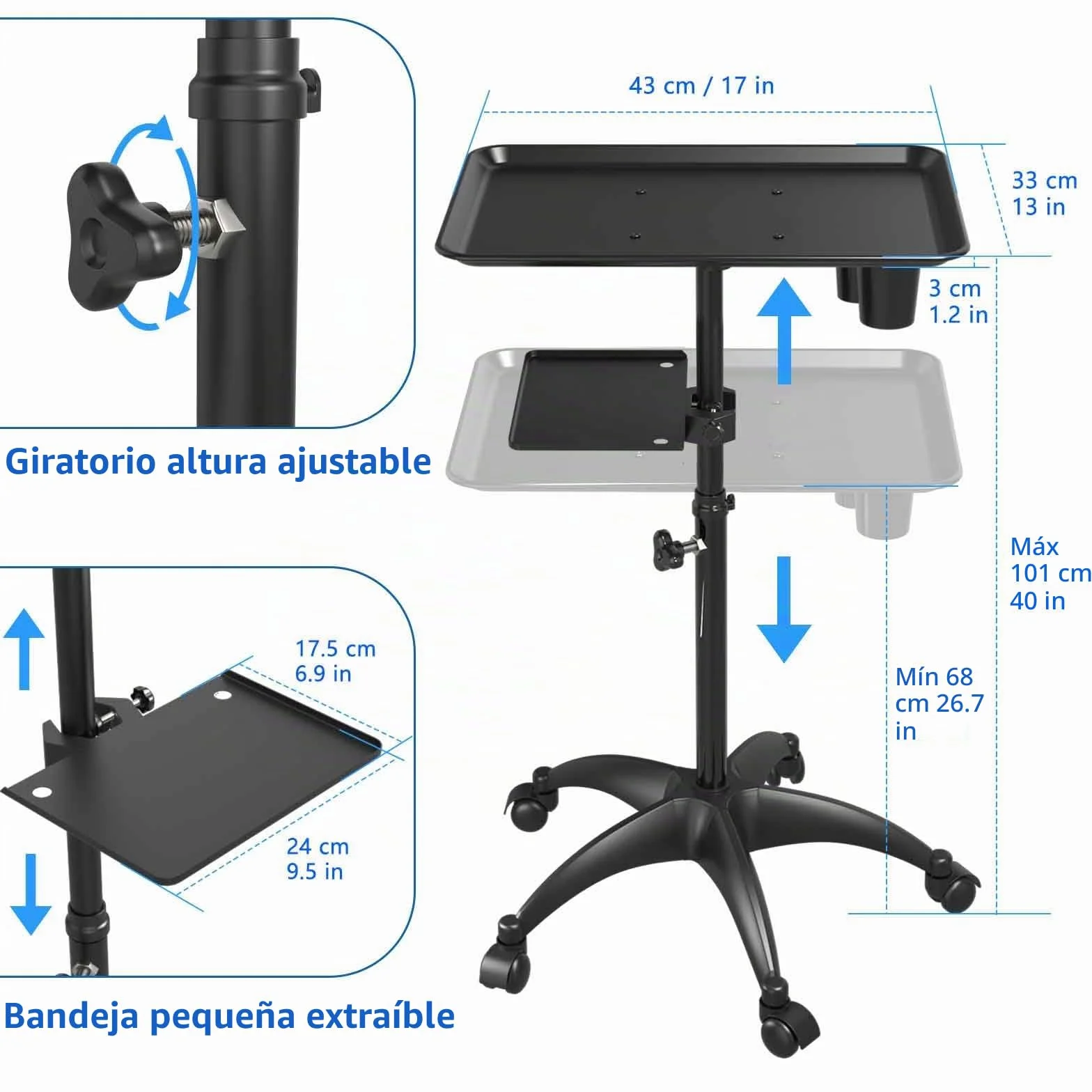 Carrito de bandeja de salón con plataforma de almacenamiento, aluminio con ruedas, altura ajustable