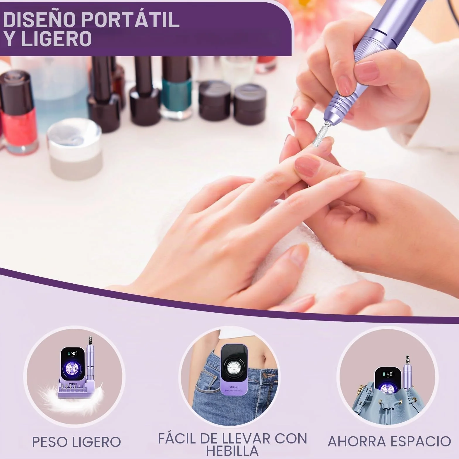 Taladro de uñas profesional 40000 RPM, Urbuti 12 en 1 Lima de uñas eléctrica 4000 mAh con pantalla LCD, velocidad ajustable, silencioso, taladro de manicura portátil para salón/hogar (púrpura)