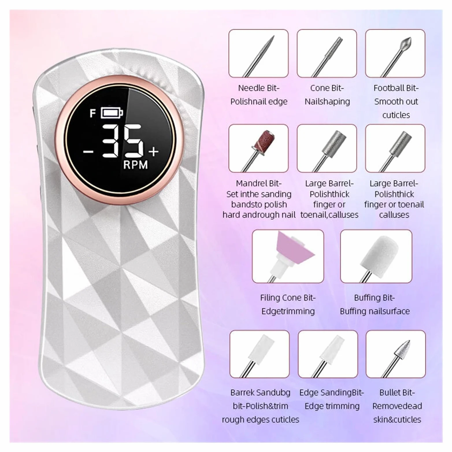 Torno para Uñas, Taladro de uñas de 35000RPM, lijadora de uñas eléctrica recargable, cortadora de fresado de máquina de manicura profesional for pulido de Gel(Bianco)