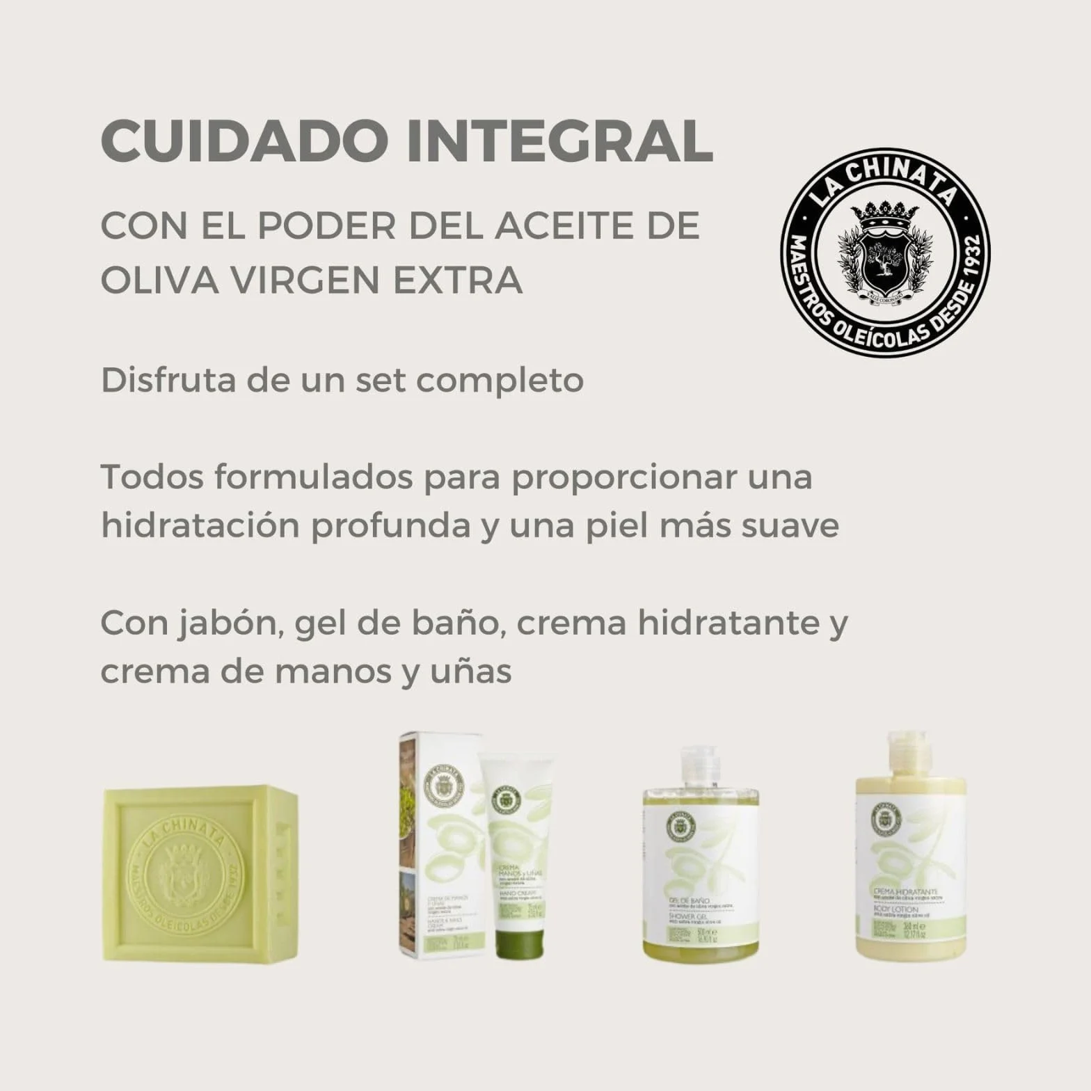 La Chinata Cesta Pequeña Cosmética Nº 1 con AOVE | Pack Cuidado de la Piel con Jabón, Gel de Baño, Crema Hidratante y Crema de Manos y Uñas | Cosmética Natural | Hidratación Piel Sensible | Regalo