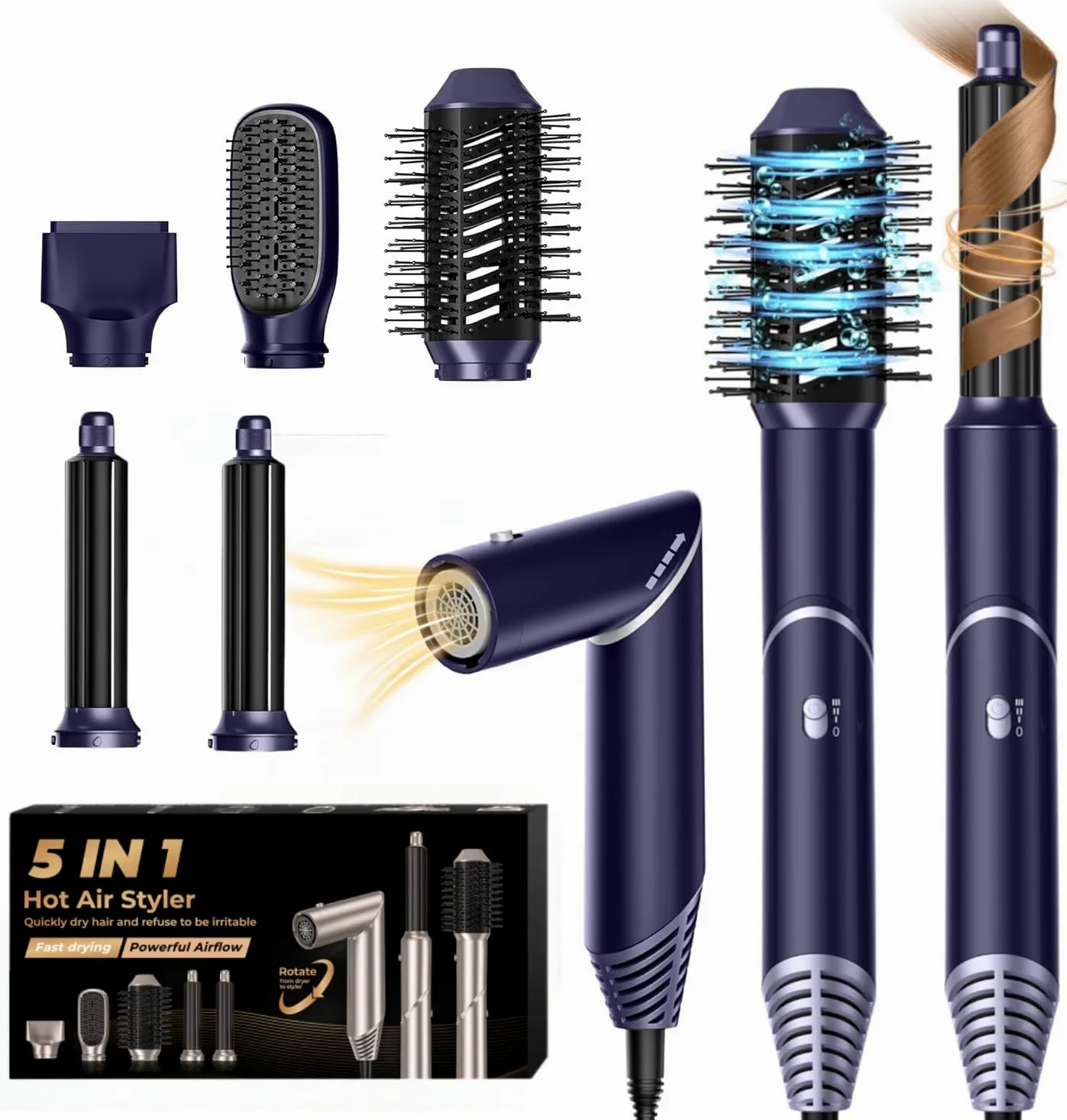 UKLISS 5 en 1 Airstyler con 60.000 rpm secador de pelo multifuncional de aire caliente rulos redondo cepillo de aire caliente cepillo de aire caliente cepillo de pelo cepillo rizador pelo cepillo pelo