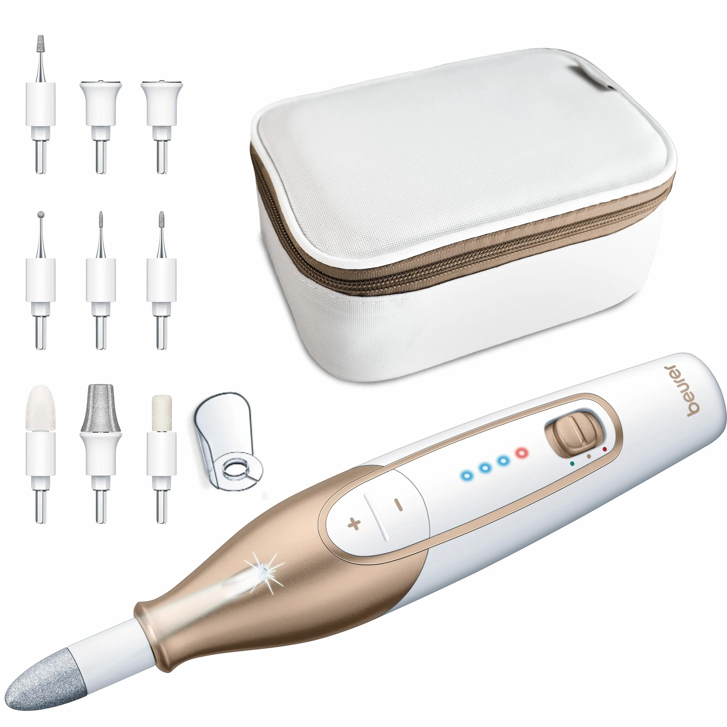 Beurer MP 64 Set de manicura y pedicura profesional con batería recargable, torno para uñas inalámbrico, 10 accesorios para el cuidado de las uñas, con luz LED