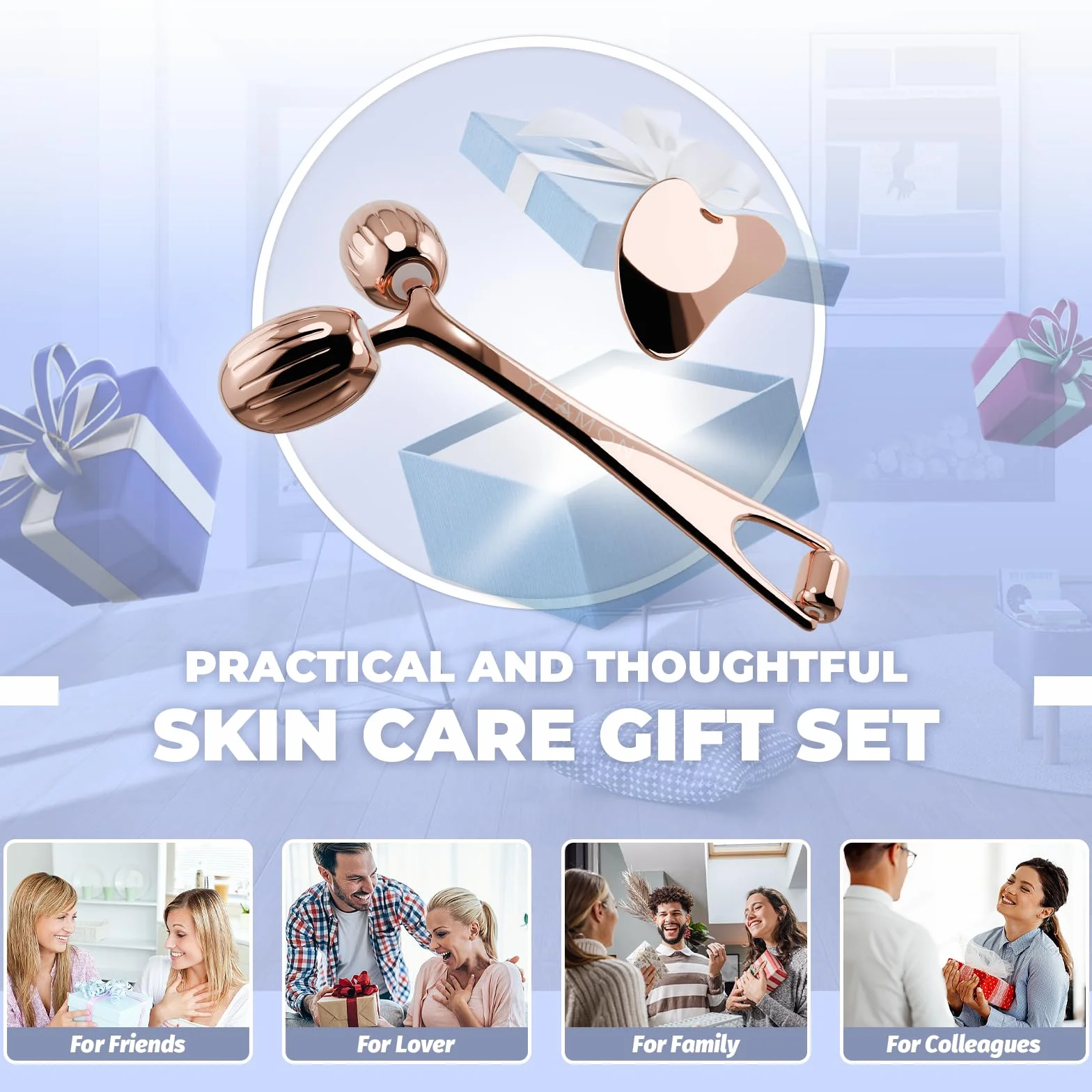 Yeamon Gua Sha - Juego de herramientas faciales y rodillo facial, herramienta de masaje facial para rutina de cuidado de la piel de las mujeres, rodillo de acero inoxidable refrescante para esculpir
