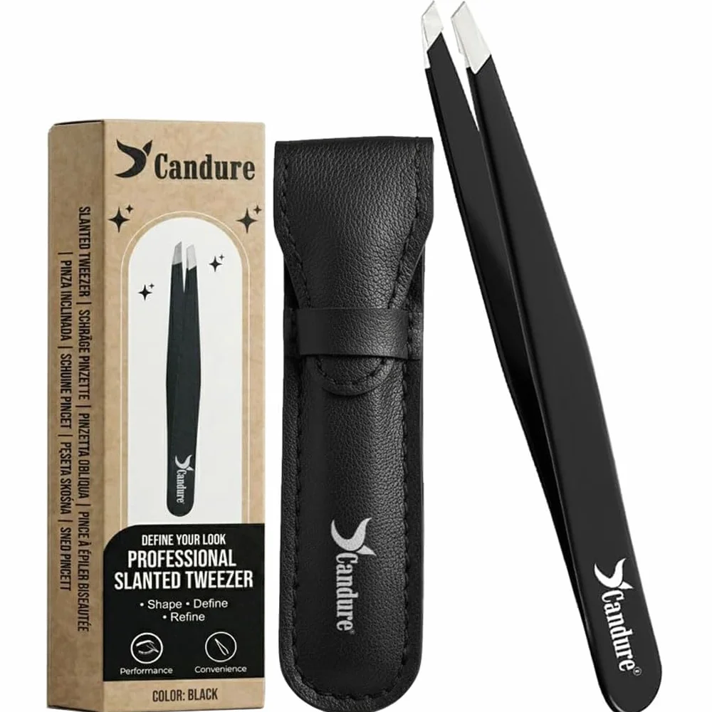 Candure Pinzas Depilar Acero Inoxidable Punta Oblicua para Cejas Vello Facial y Mentón