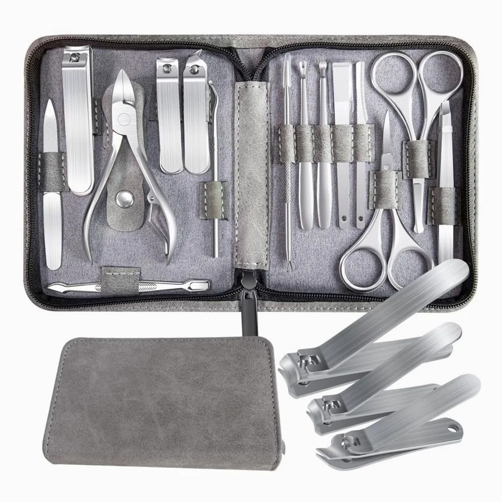 Kit de manicura y pedicura 15 en 1 de acero inoxidable con estuche de viaje, herramientas para el cuidado de las uñas de los pies, cortaúñas para los dedos de los pies y cortaúñas para las manos.