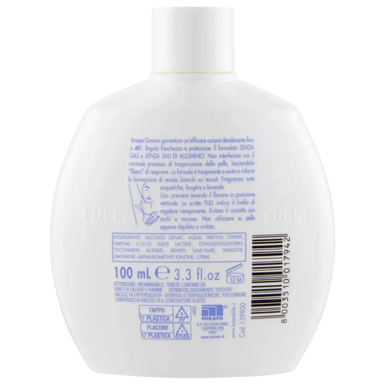 Breeze Oceano - Desodorante Squeeze (12 unidades, sin gas y sin sales de aluminio, desodorante perfumado de 48 horas, 100 ml, incluye llavero Beni Culinari gratuito)