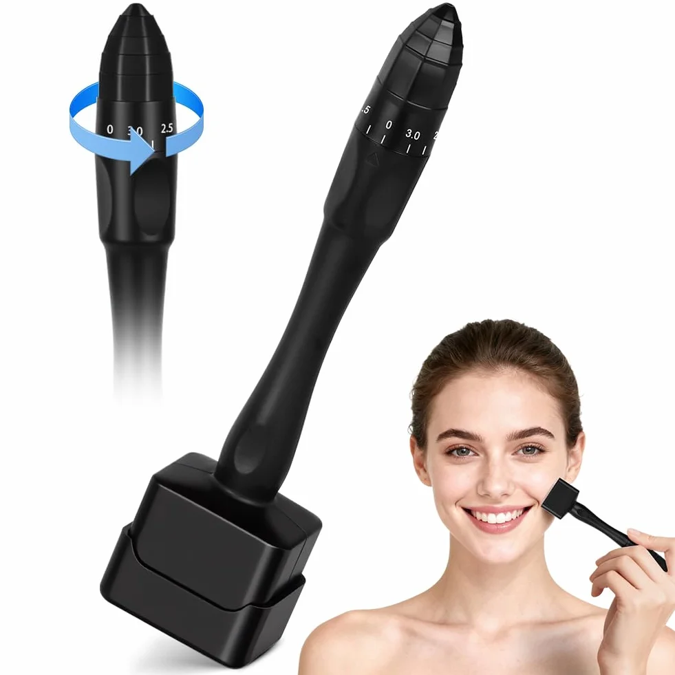 Derma Stamp Ajustable 0-3 mm Microneedling Dermapen Profesional 140 Pines Microagujas para Cabello Barba y Cuidado Facial Negro