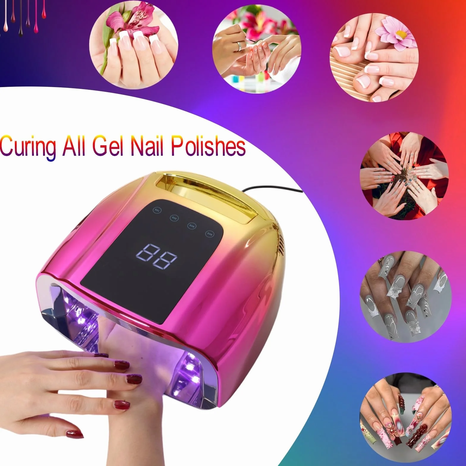 Lámpara LED para uñas, Lámpara UV for uñas de 96 W, no recargable, lámpara gel, secador LED con 4 temporizadores, sensor automático, curado rápido