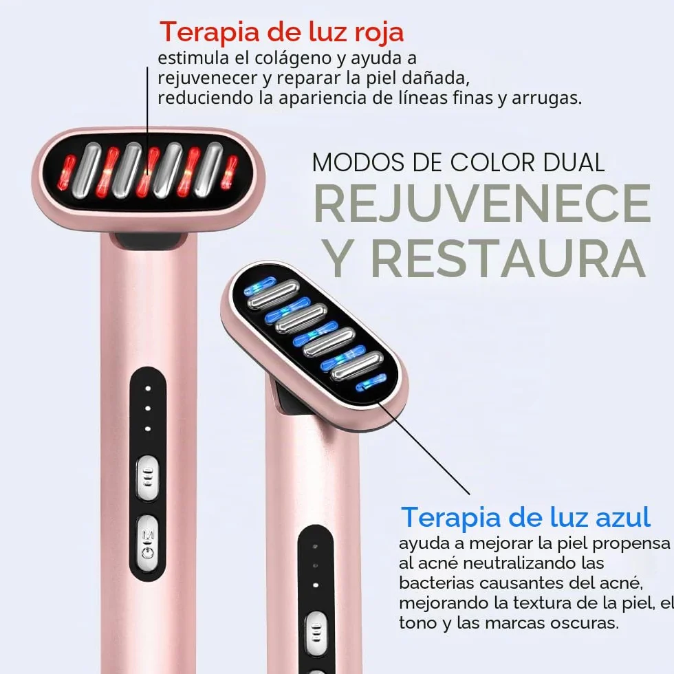 Varita Facial 5 en 1 | Dispositivo de Microcorriente y Luz LED para Antienvejecimiento | Masajeador Facial Con Terapia de Luz Roja y Azul, Calor para Rejuvenecimiento