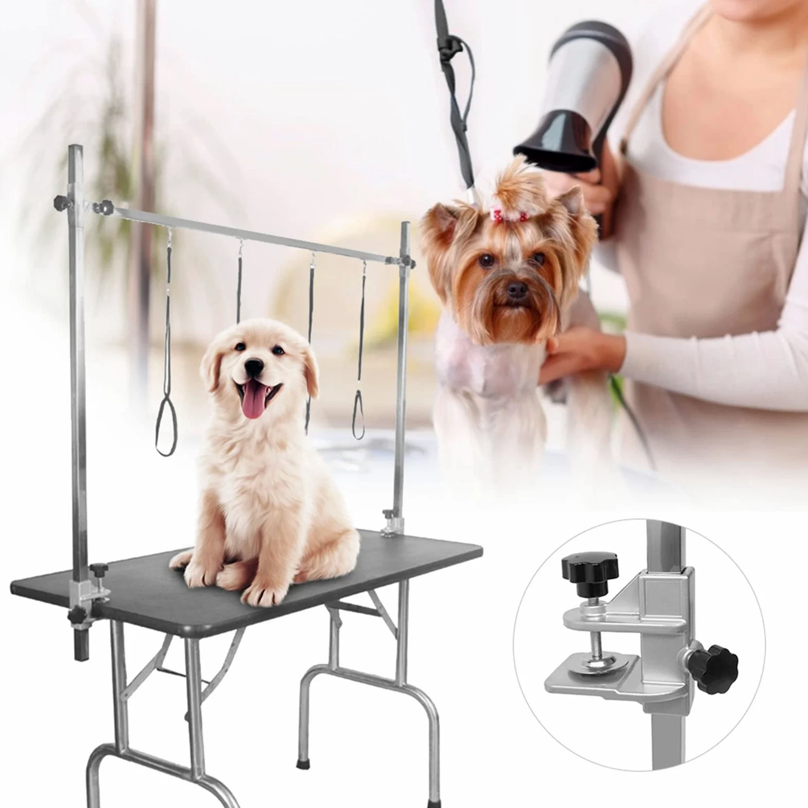 Soporte para Mesa de Aseo con Brazo Ajustable de Acero Inoxidable para Sesiones de Belleza y Entrenamiento de Mascotas 3 Unidades (Soporte de mesa de 1,2 m)
