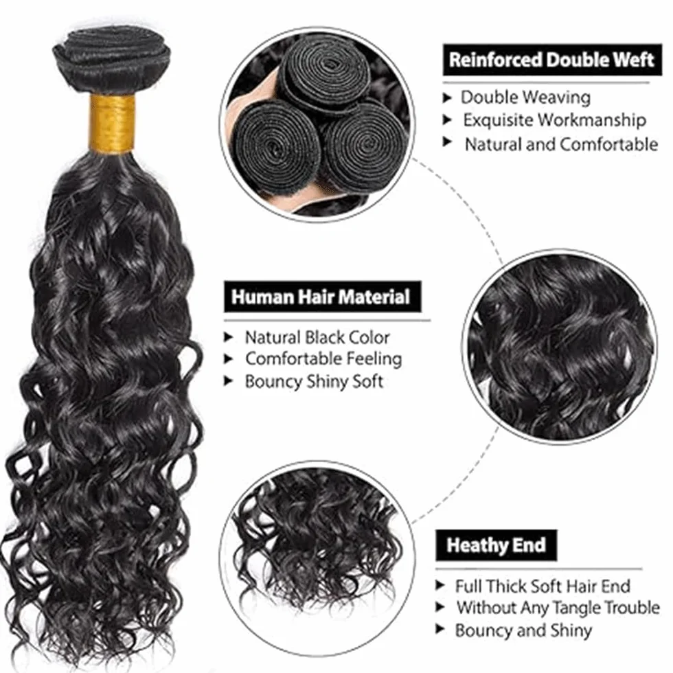 Peluca ondulada de agua para mujer, extensiones de cabello humano brasileño sin procesar 1B natural negro cabello humano con una cobertura mínima para mujeres de 26 a 28 a 30 pulgadas