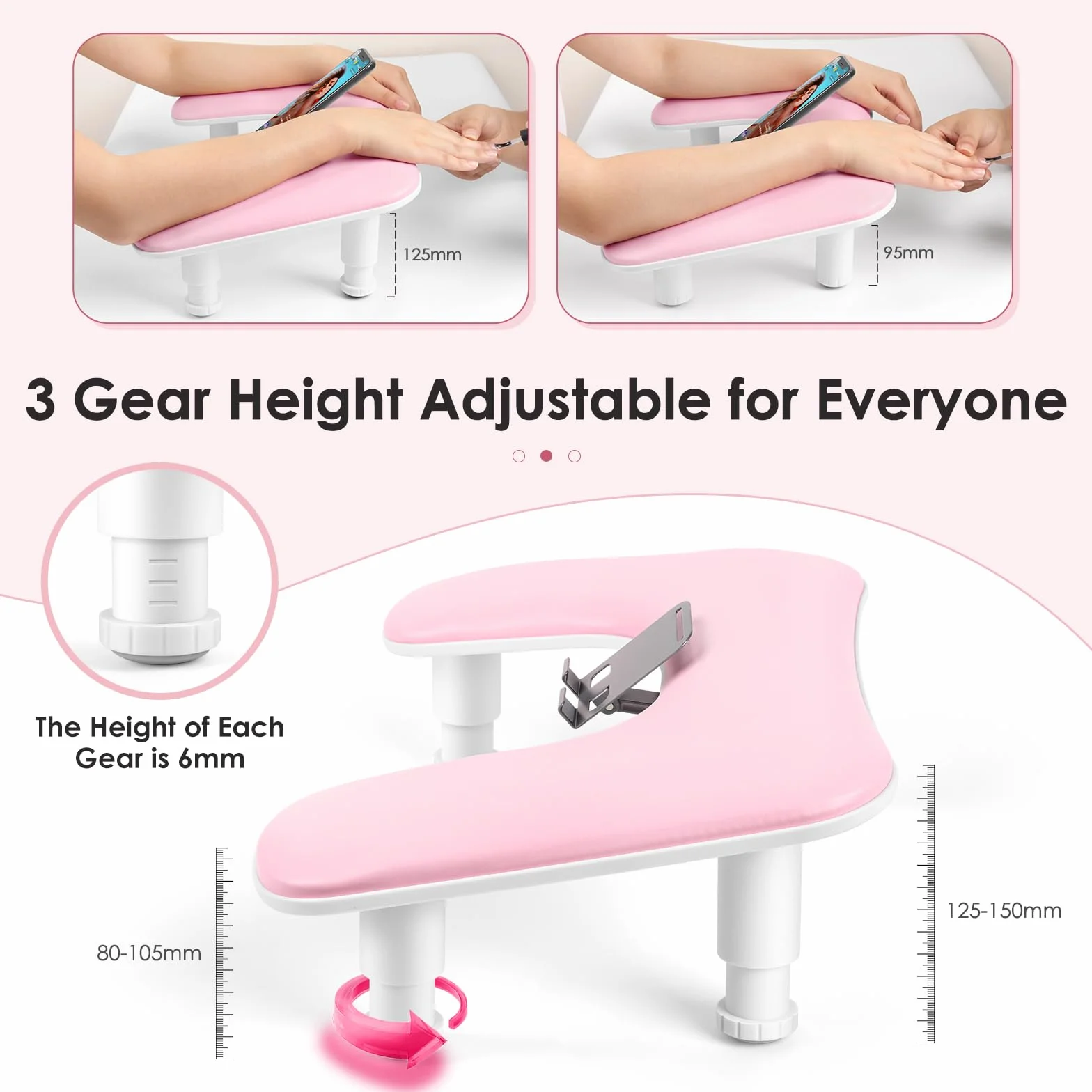 Reposabrazos para uñas para la mano: cojín de mano ajustable con altura y soporte para teléfono giratorio de 360° – Reposabrazos para uñas de cuero PU rosa para uso en salón de uñas y en casa
