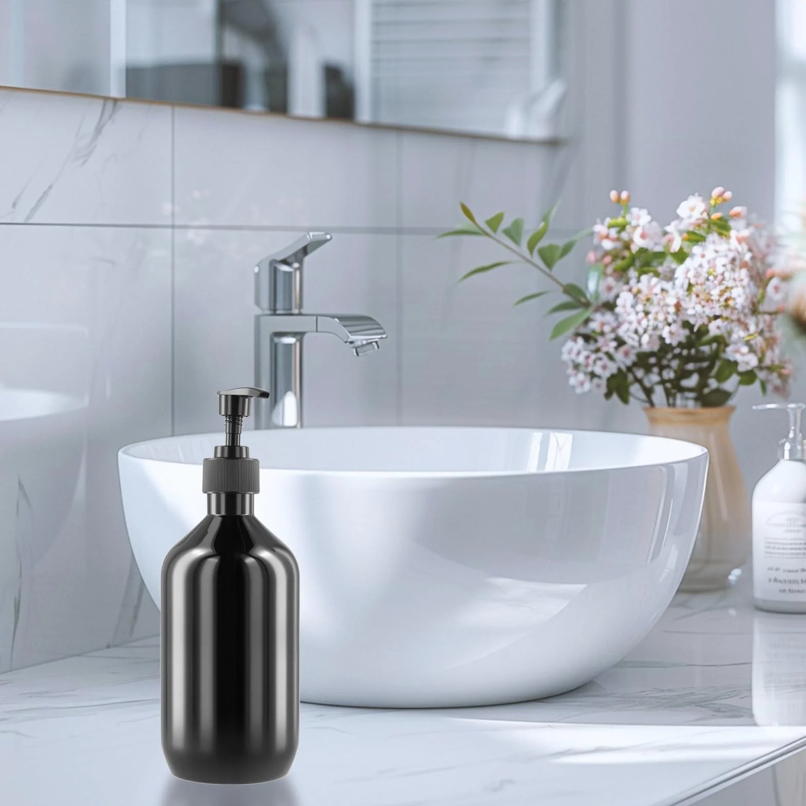 8 Botellas Dispensadoras de 500 ml Rellenables, Color Negro con Bomba, para Champú, Gel de Ducha, Jabón Líquido y Loción, Botellas de Plástico Recargables para Baño