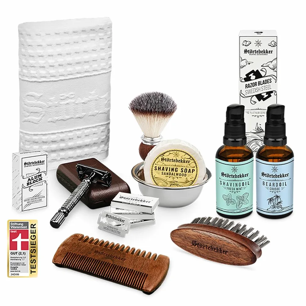 Juego de maquinilla de afeitar clásica - incl. brocha, jabón, bol, aceite de afeitar, cuchillas de afeitar, paño de afeitar, piedra de alumbre, aceite de barba, peine y cepillo para barba
