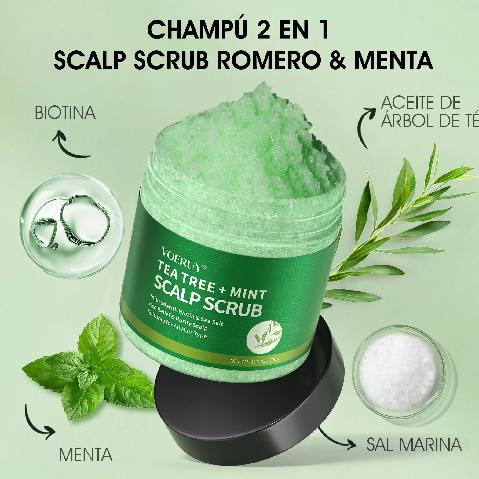 Exfoliante para cuero cabelludo 2 en 1 con aceite de menta, masajeador de silicona, 10,6 oz/300 g