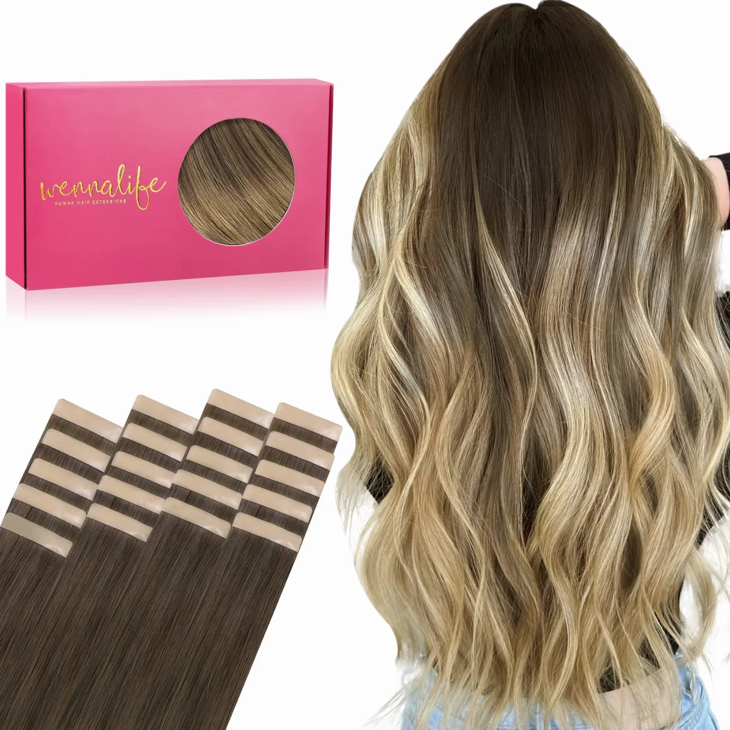 WENNALIFE Extensiones de Pelo Natural Remy Humano 40cm 50g 20 Piezas Ombré Walnuss Braun Ash Braun Bleach Blonde