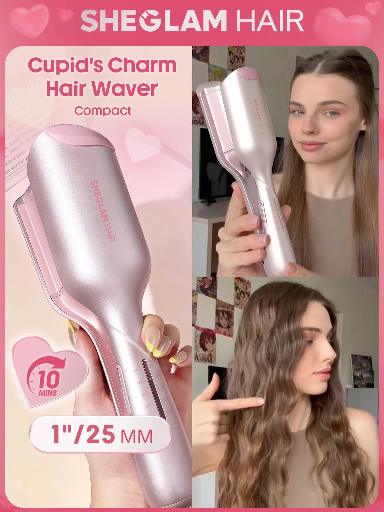 SHEGLAM Rizador Doble Barril Rosa - Ondas Beach Waves, 5 Temperaturas, Anti-Quemaduras, Doble Voltaje (25mm)